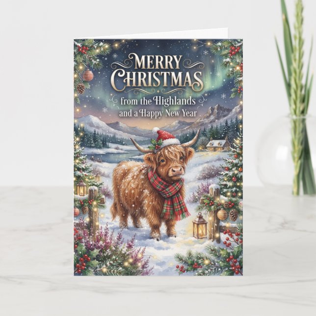 Carte de Noël de vache des Highlands enneigés (Devant)