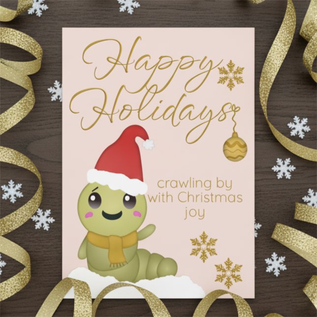 Carte de Noël de ver de dessin animé avec chapeau  (Surprise your friends or family with something cute this Christmas.)
