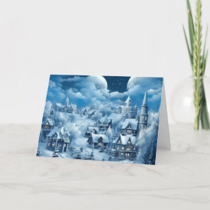 Carte de Noël de village bleu enneigé inspirée de