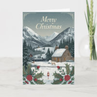 Carte de Noël de village de montagne enneigé