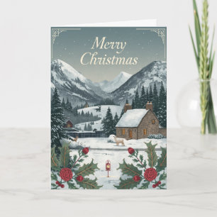 Carte de Noël de village de montagne enneigé