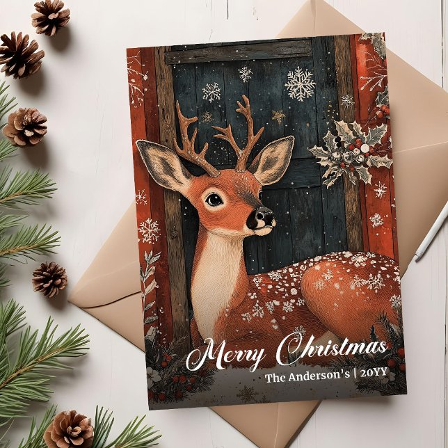 Carte de Noël démodée avec cerf, vœu classique (Old fashioned Christmas deer card classic greeting)