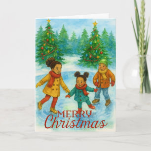 Carte de Noël d'enfants noirs patinant sur glace