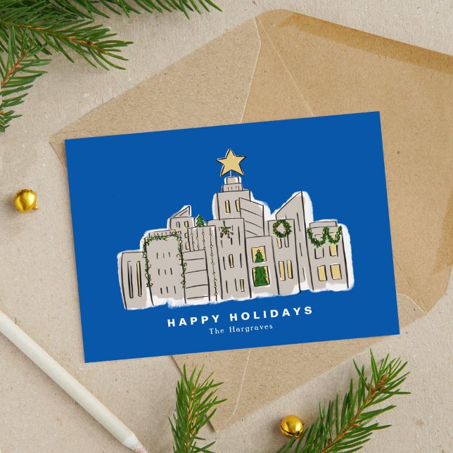 Carte de Noël d'entreprise Blue City Skyline (Blue City Skyline Illustration Corporate Christmas Card)