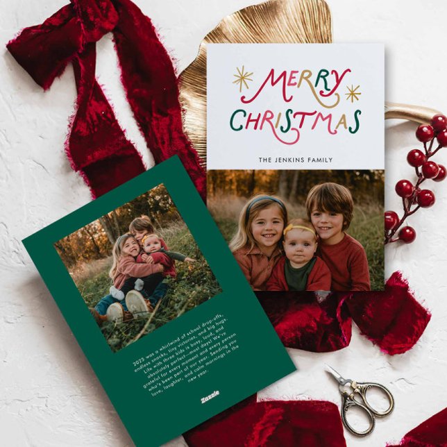 Carte de Noël deux photos moderne colorée (Merry Christmas Modern Typography Photo Greeting Card)