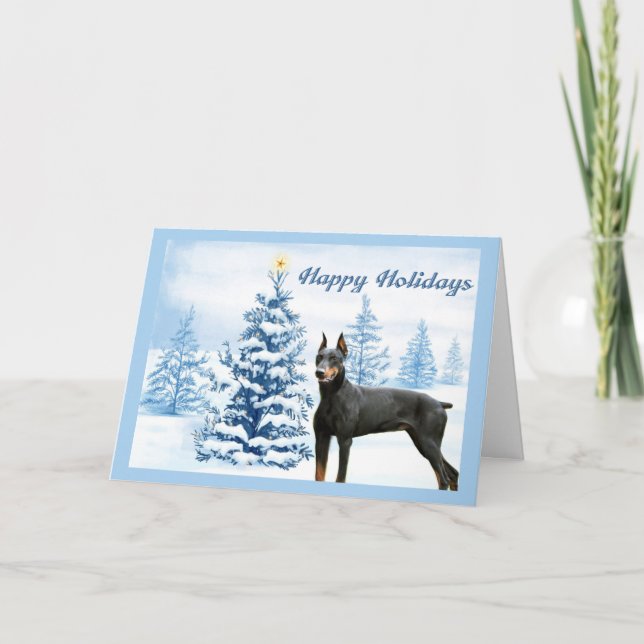 Carte de Noël Doberman Pinscher Arbre bleu (Devant)