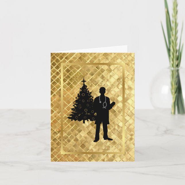 Carte de Noël dorée silhouette de médecin masculin (Devant)