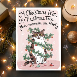 Carte de Noël drôle avec un chat et des ornements 