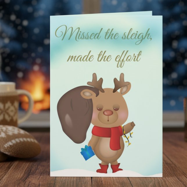Carte de Noël drôle avec un renne endormi (Holiday card with personality. Funny, festive, and totally relatable.)