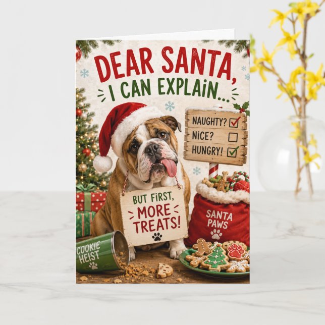 Carte de Noël drôle de Bouledogue – Cher Père Noël (Fleur jaune)