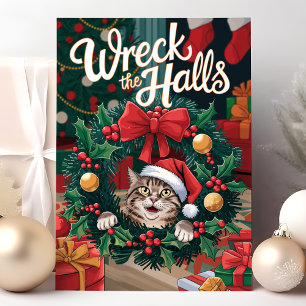Carte de Noël drôle de chat qui détruit la maison