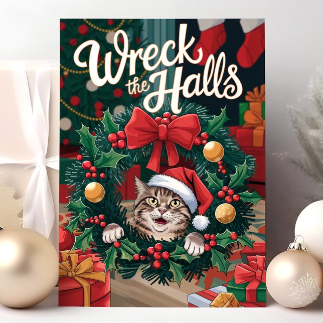 Carte de Noël drôle de chat "Wreck the Halls" (Créateur téléchargé)