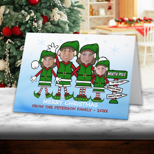 Carte de Noël drôle de famille de lutins de quatre