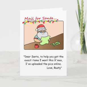 Carte de Noël drôle : le Père Noël lit le courrier