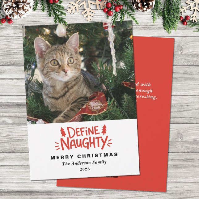 Carte de Noël drôle rouge avec photo d'animal de c (A funny pet Christmas photo card with the words Define Naughty. Add your photo and name.)