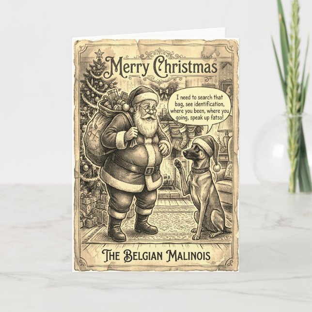 Carte de Noël du Malinois Belge Interrogeant Santa (Devant)