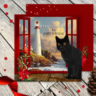 Carte de Noël du phare de chat mignon