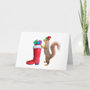Carte de Noël d'un écureuil avec la botte du Saint