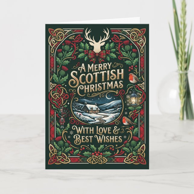Carte de Noël écossaise avec cerf et tartan (Devant)