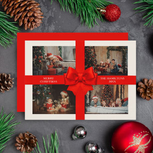 Carte de Noël élégante avec 4 photos et grand ruba