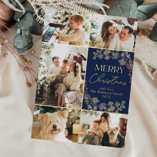 Carte de Noël Élégante Bleu Or 5 Photos