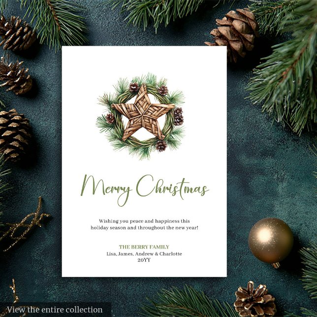 Carte de Noël élégante Boho aquarelle couronne de  (Elegant Boho Watercolor Pine Wreath Christmas Card)