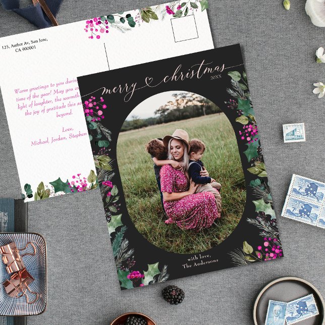 Carte de Noël élégante Boho noir et rose blush (Créateur téléchargé)