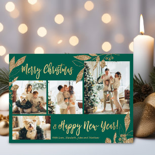 Carte de Noël élégante en or vert avec collage de