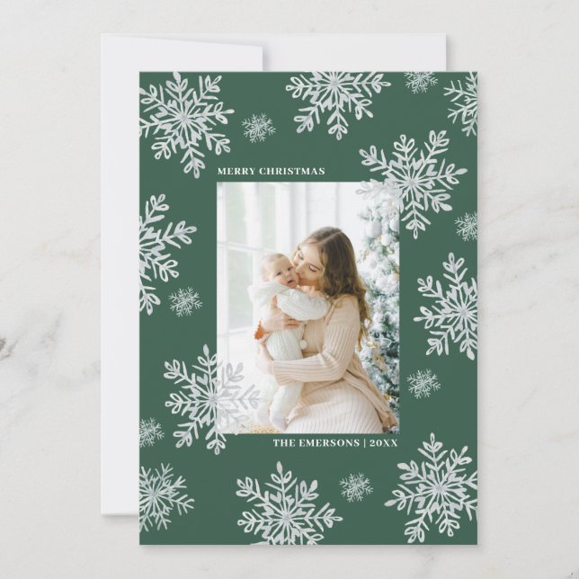 Carte de Noël élégante et verte flocon de neige  (Devant)