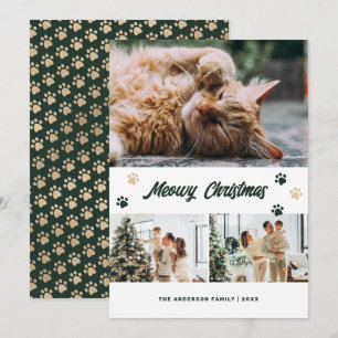 Carte de Noël élégante verte et dorée avec chaton