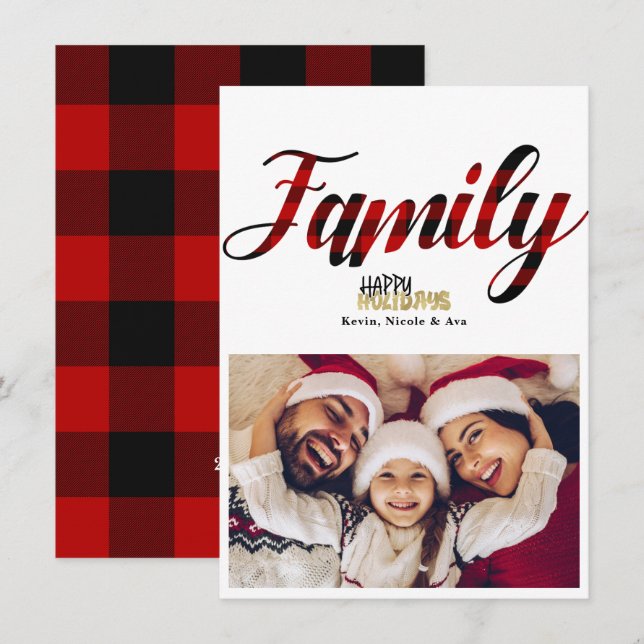 Carte de Noël en famille à carreaux dorés (Devant / Derrière)