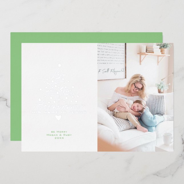 Carte de Noël en feuille d'arbre Love Was Born (Recto/Verso)