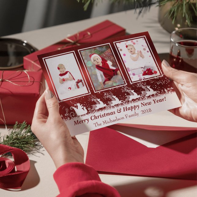 Carte de Noël en métal rouge Père Noël (Red Metallic Santa Snow Photo Christmas Card)