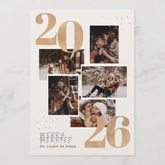 Carte de Noël en papier d'or joyeuse et mariée (Devant)
