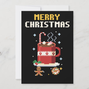 Carte de Noël en pixel art avec chocolat chaud