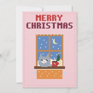 Carte de Noël en pixel art rose avec chat à la fen