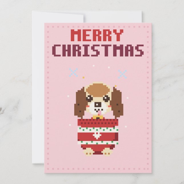 Carte de Noël en pixel art rose avec chiot (Devant)