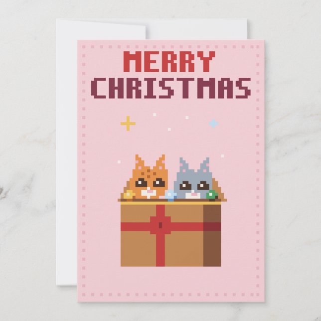Carte de Noël en pixel art rose avec des chatons (Devant)