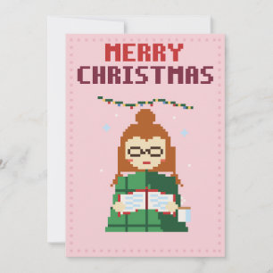Carte de Noël en pixel art rose Fille lisant