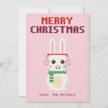 Carte de Noël en pixel art rose lapin