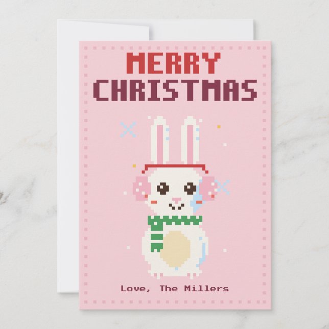 Carte de Noël en pixel art rose lapin (Devant)