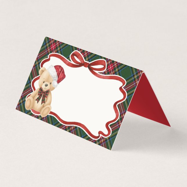 Carte de Noël en tartan vert avec ours (Front)
