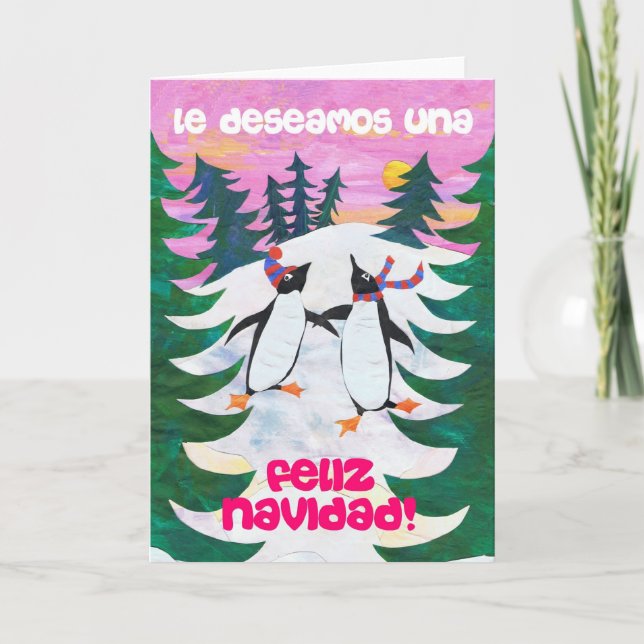 Carte de Noël espagnole - Pingouins de patinage (Devant)