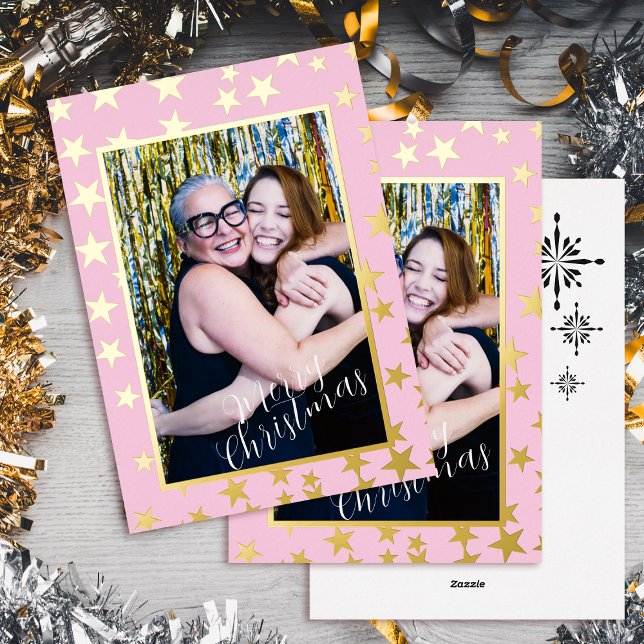 Carte de Noël étoilée. Rose. Carte de vacances à f (Starry Christmas Photo Pink Foil Holiday Card)