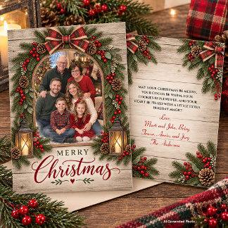 Carte de Noël familiale à carreaux en verts persis