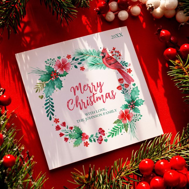 Carte de Noël familiale avec aquarelle Botanique (Family Christmas Card with Watercolor Botanicals)