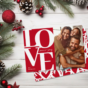 Carte de Noël familiale rouge Love, Paix et Joie