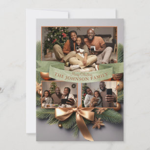Carte de Noël familiale Ruban Doré et Pin Élégant
