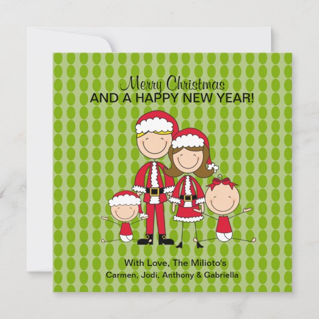 Carte de Noël famille 4 Personnages en allumettes (Devant)