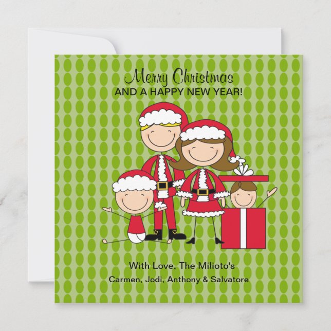 Carte de Noël famille 4 Personnages en allumettes (Devant)